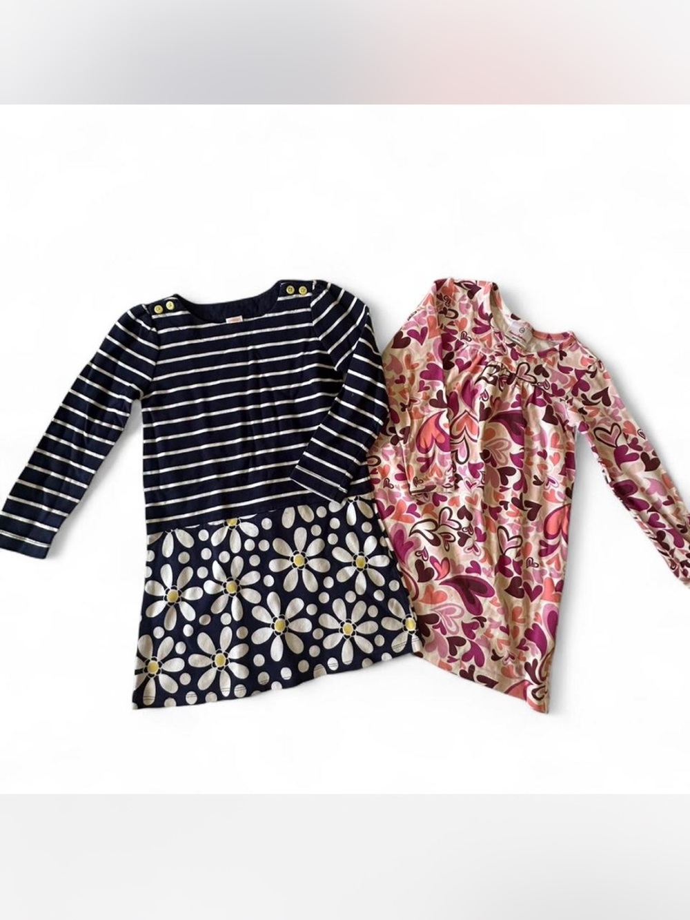 Girls Long Sleeve Dresses - Navy Stripe Daisy & Pink Floral